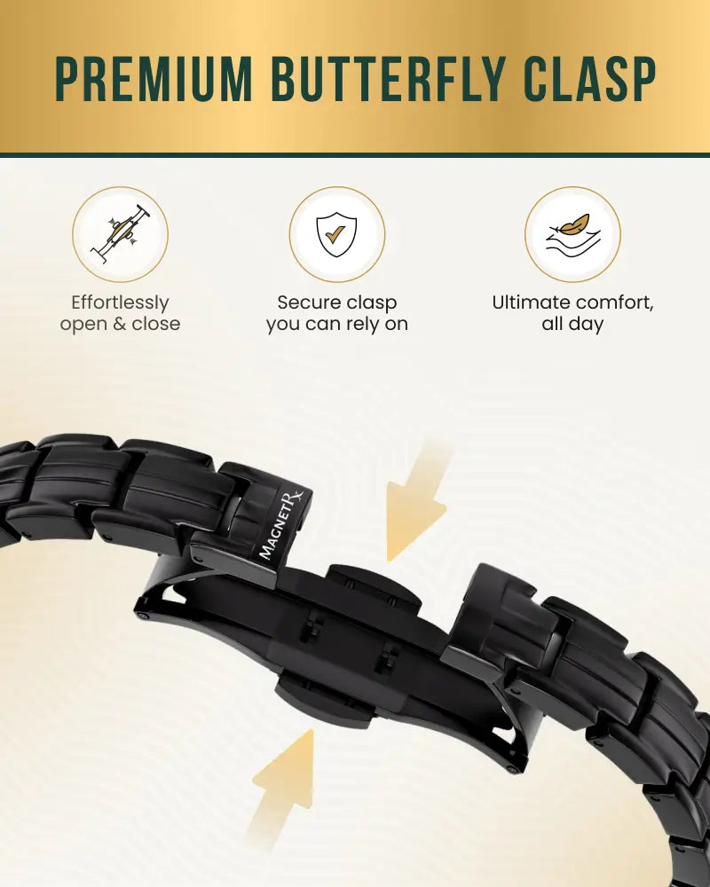 Ellipsemax black titanium magnetic link bracelet featuring a premium butterfly clasp in black magnetic finish
