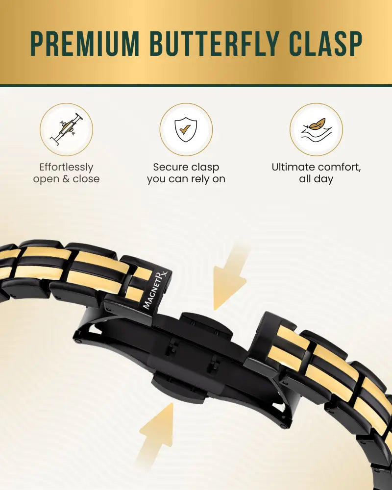 Ellipsemax black and gold segmented magnetic bracelet featuring a premium butterfly clasp and elegant design