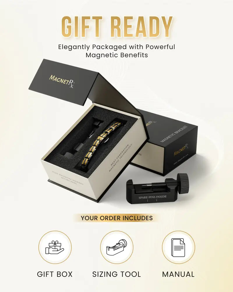 Ellipsemax black and gold segmented magnetic bracelet displayed in a sleek black and white gift box