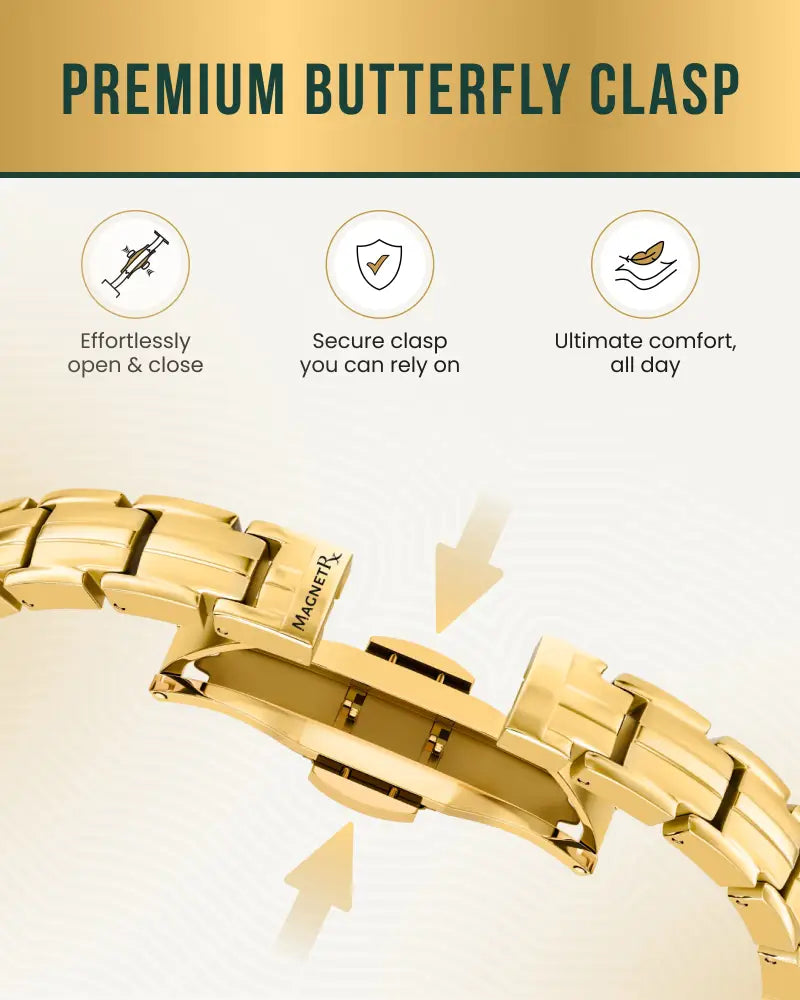 Gold-toned titanium magnetic therapy bracelet for women with premium butterfly clasp and magnetr engraving on the side