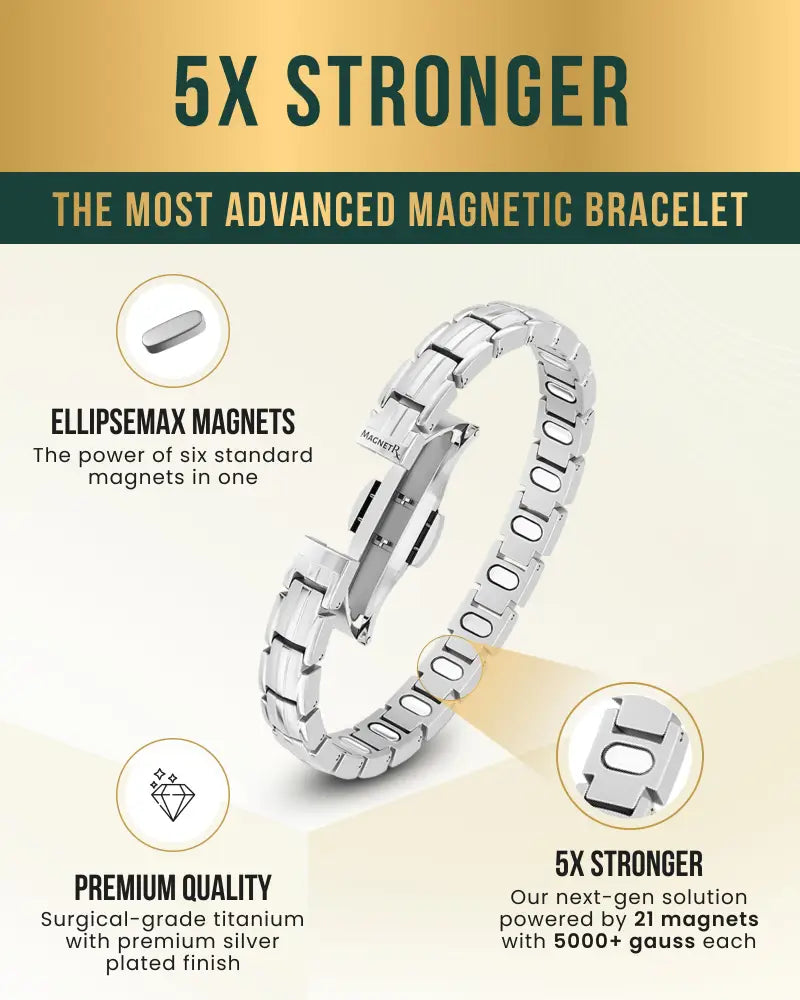 Ellipsemax silver magnetic titanium link bracelet for women with sleek interlocking design and magnetic branding on clasp