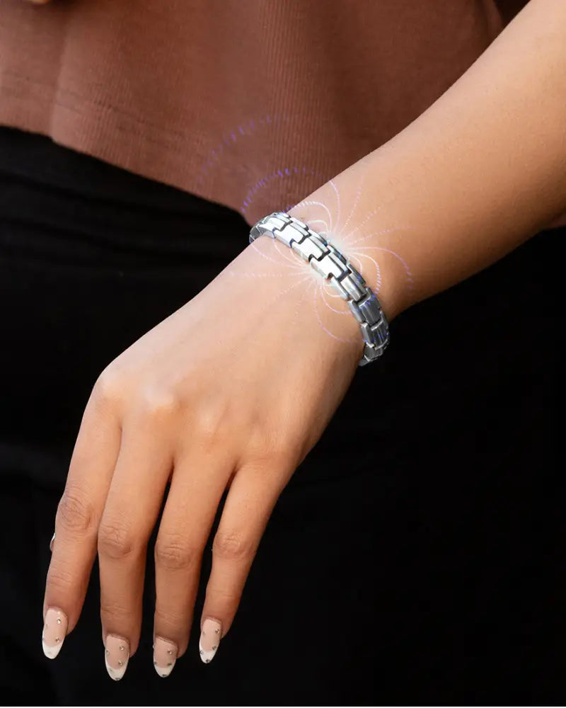 Ellipsemax silver magnetic titanium link bracelet for women featuring interlocking rectangular silver-toned links