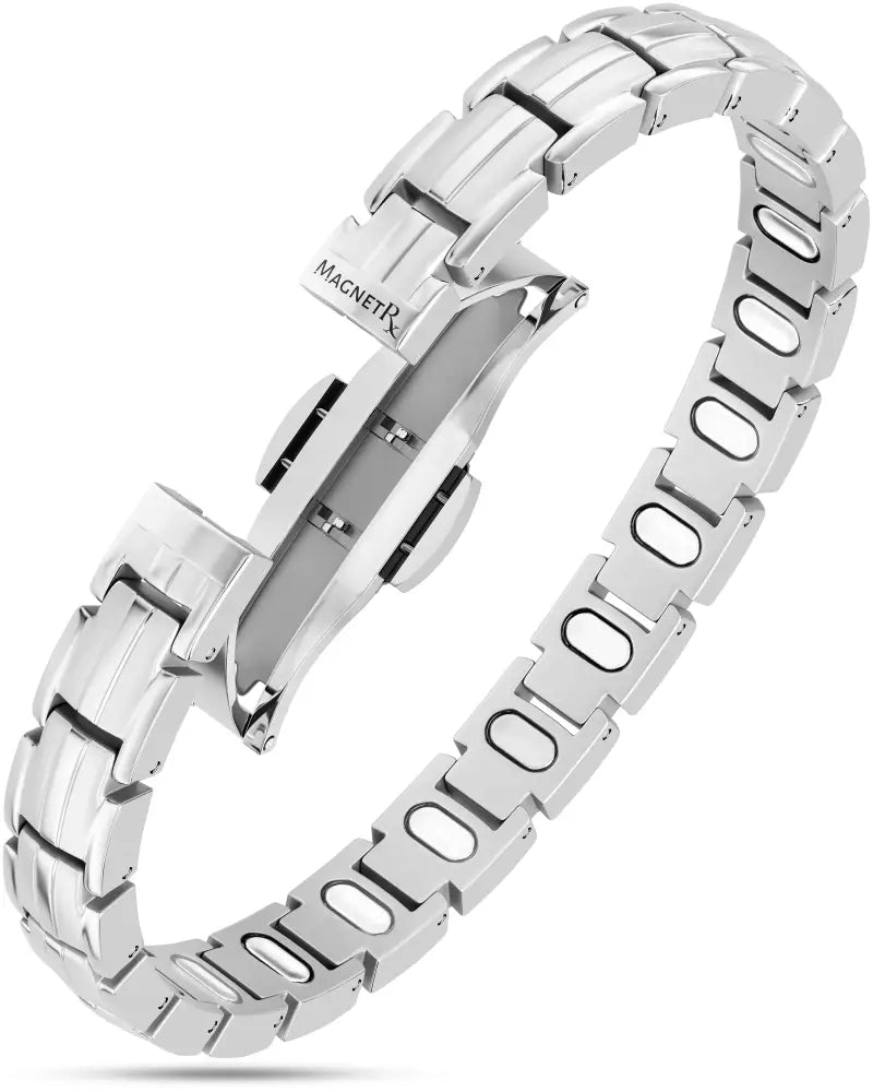 Ellipsemax silver magnetic titanium link bracelet for women with sleek interlocking stainless steel design and clasp