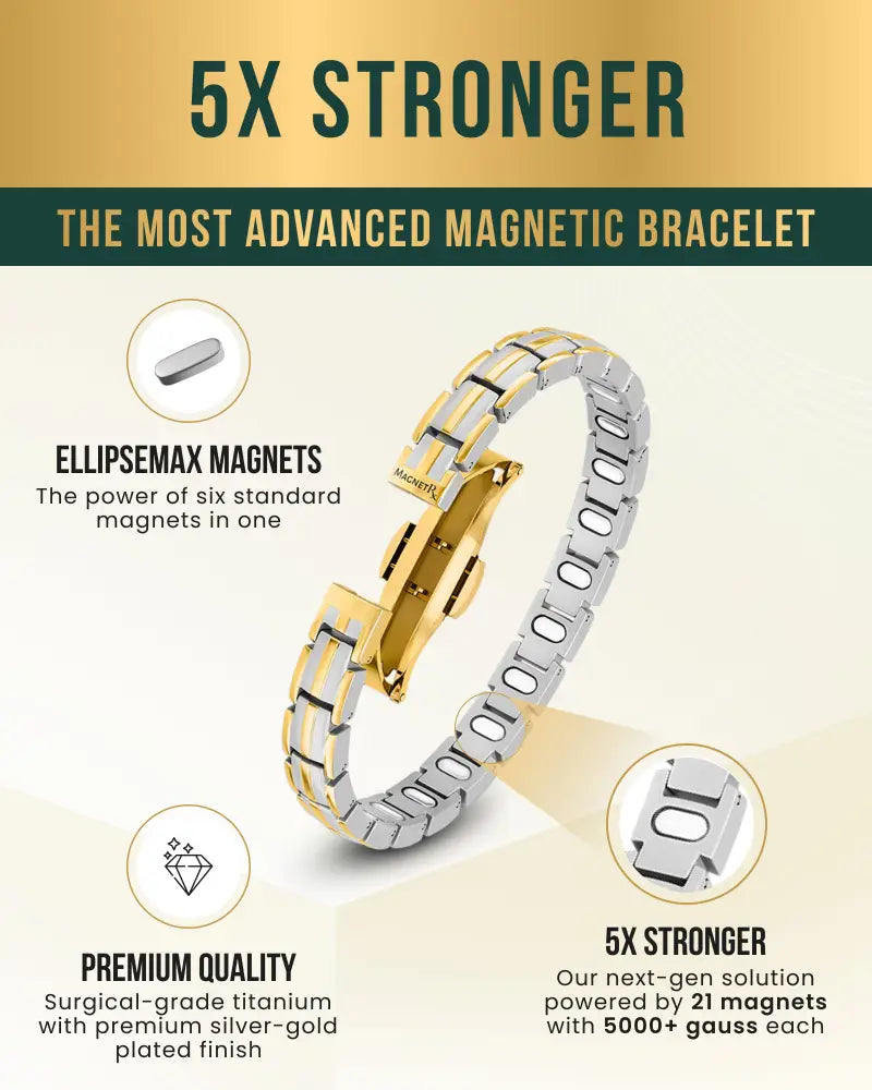 Ellipsemax two tone titanium magnetic bracelet for women with silver and gold plated surgical grade titanium links