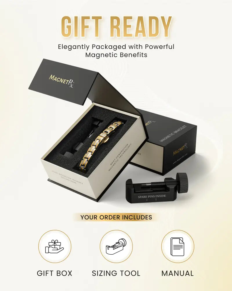 Gold-toned ellipsemax two tone titanium magnetic bracelet for women in a sleek black and white gift box