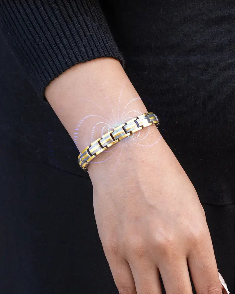 Ellipsemax two tone titanium magnetic bracelet for women with gold and silver-toned sleek interlocking link design
