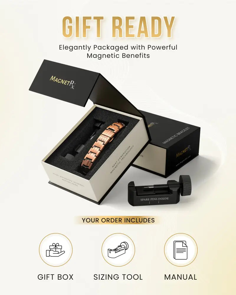 Ellipsemax rose gold pure copper magnetic link bracelet displayed in a sleek black and white gift box