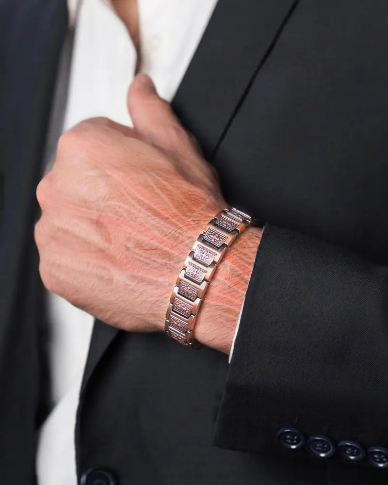 Magnetrx ellipsemax men’s pure copper magnetic bracelet in rose gold tone with sleek rectangular links and sparkling stones