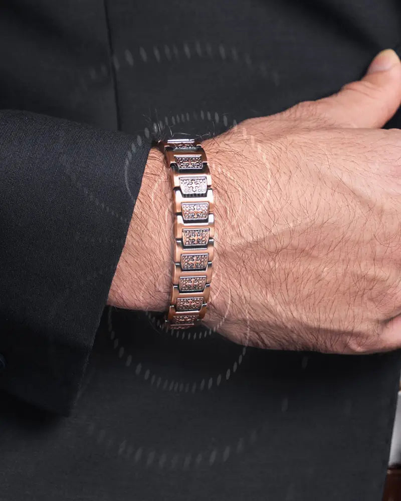 Magnetrx Ellipsemax men’s rose gold-toned pure copper magnetic bracelet with rectangular links and clear stones