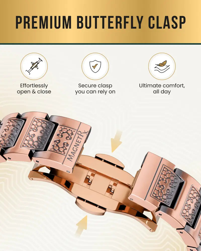 Rose gold-tone metal watch band with intricate floral engraving and branded magnetr inscription for men