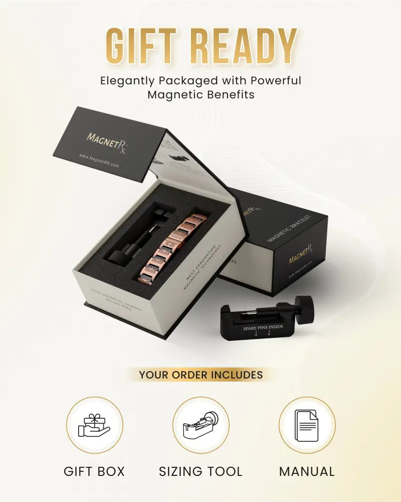 Magnetrx Ellipsemax men’s rose gold pure copper magnetic bracelet in black gift box with sizing tool and manual