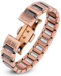 Rose gold magnetic watch bracelet with intricate engravings and black accents for Magnetrx Ellipsemax men’s copper bracelet