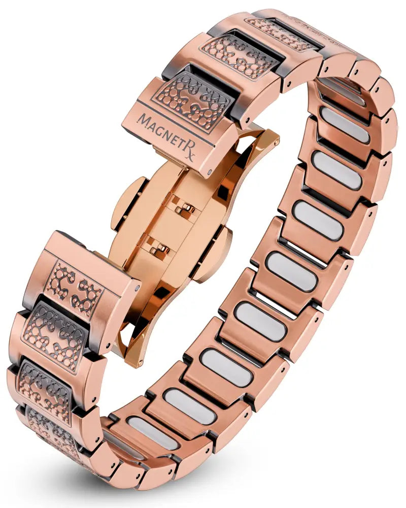 Rose gold magnetic watch bracelet with intricate engravings and black accents for Magnetrx Ellipsemax men’s copper bracelet