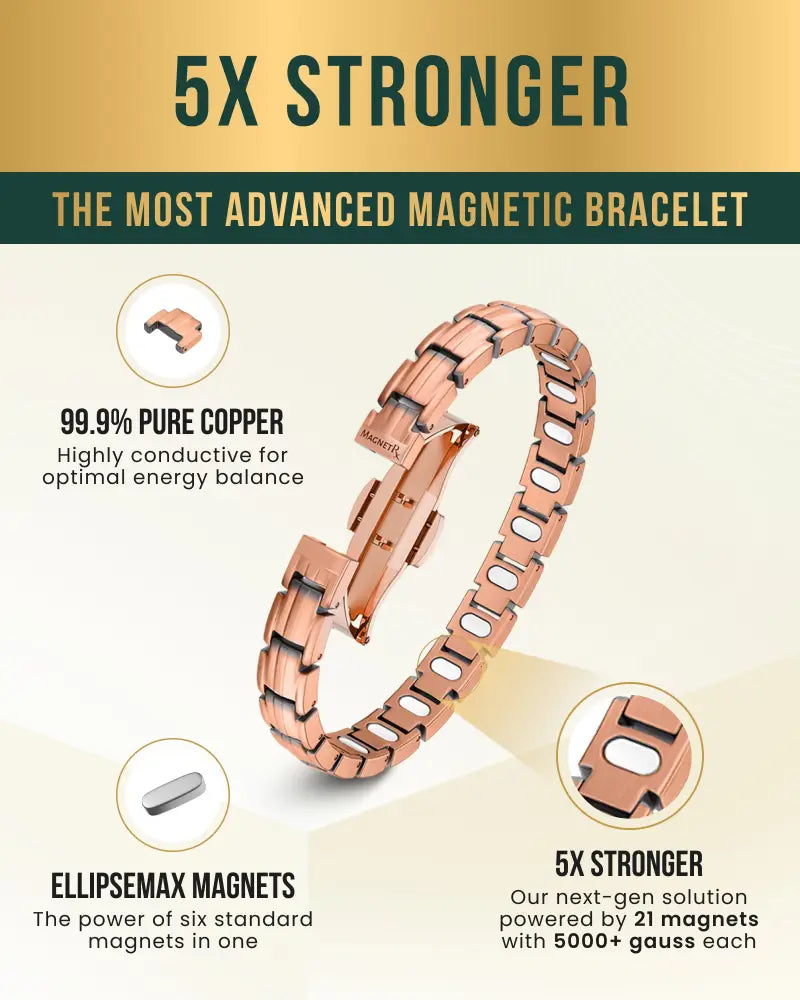 Ellipsemax magnetic rose gold copper therapy bracelet with interlocking links and embedded magnets for enhanced strength