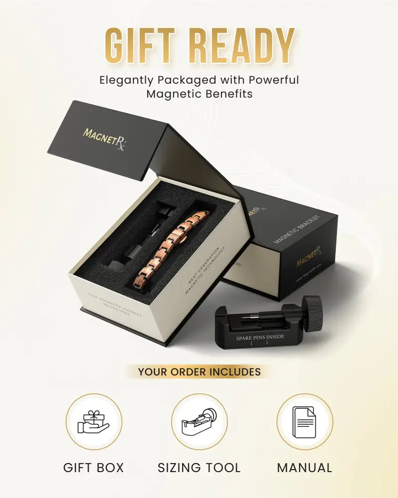 Ellipsemax magnetic rose gold copper therapy bracelet in a sleek black and white gift box for wellness use