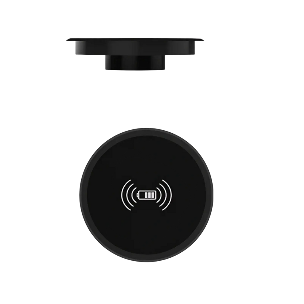 Black circular embedded desk wireless charger with sleek minimalist design and white iconography fast 15w power