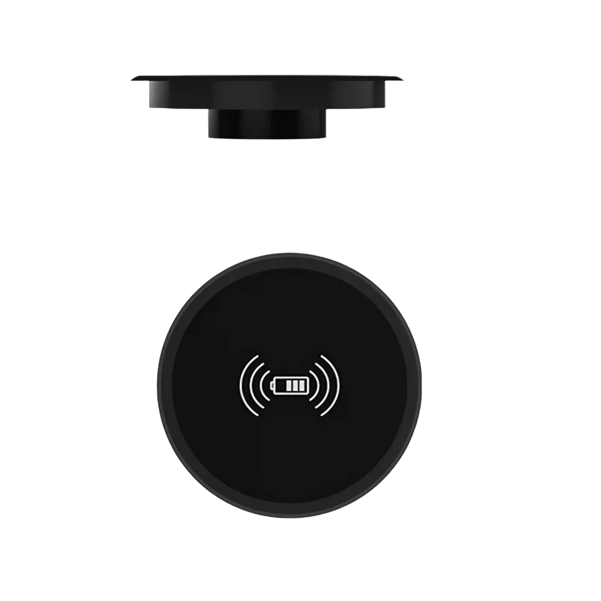 Black circular embedded desk wireless charger with sleek minimalist design and white iconography fast 15w power