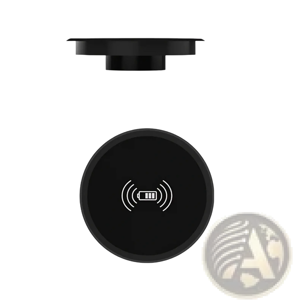 Black circular embedded desk wireless charger with sleek minimalist design and white iconography fast 15w power