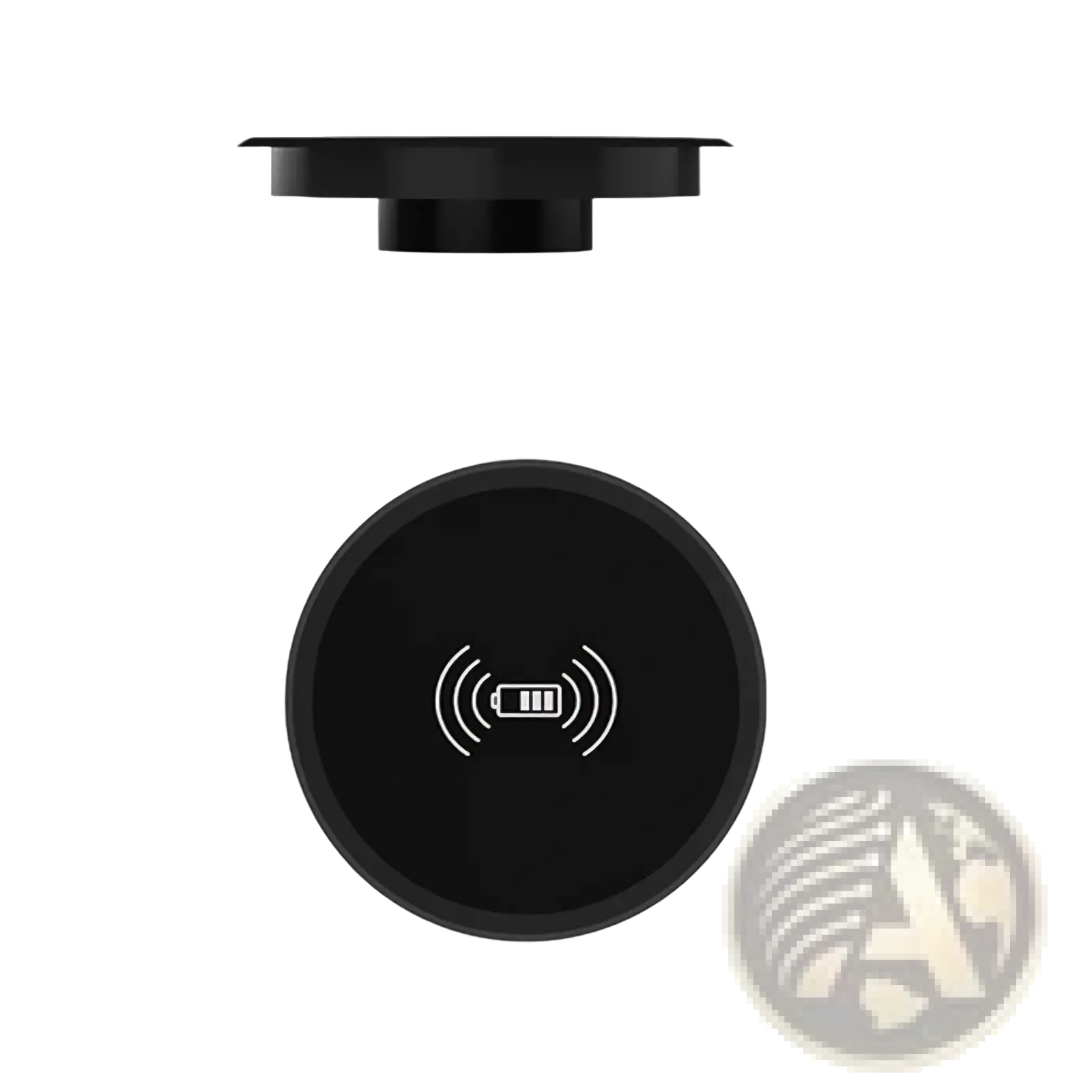 Black circular embedded desk wireless charger with sleek minimalist design and white iconography fast 15w power