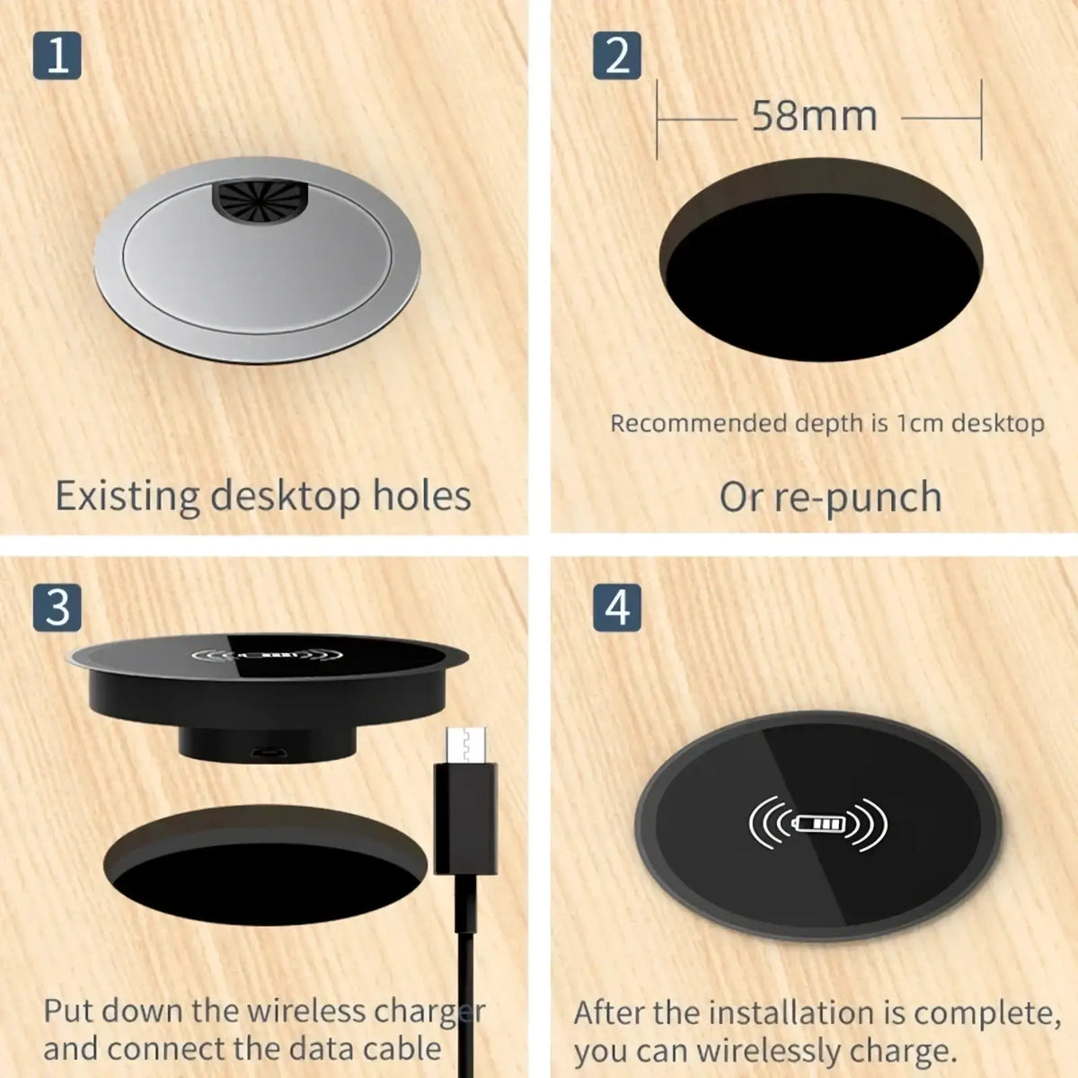 Black circular embedded desk wireless charger fast 15w with sleek design and subtle magnetic symbol on surface