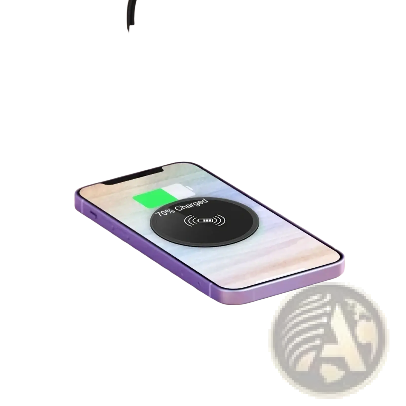 Purple smartphone back on black circular embedded desk wireless charger fast 15w showing 70 percent charged with wi-fi symbol