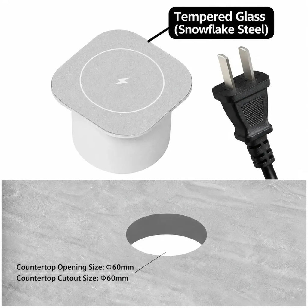 Silver tempered glass embedded wireless desktop charger 15w with snowflake steel finish and circular lightning bolt design