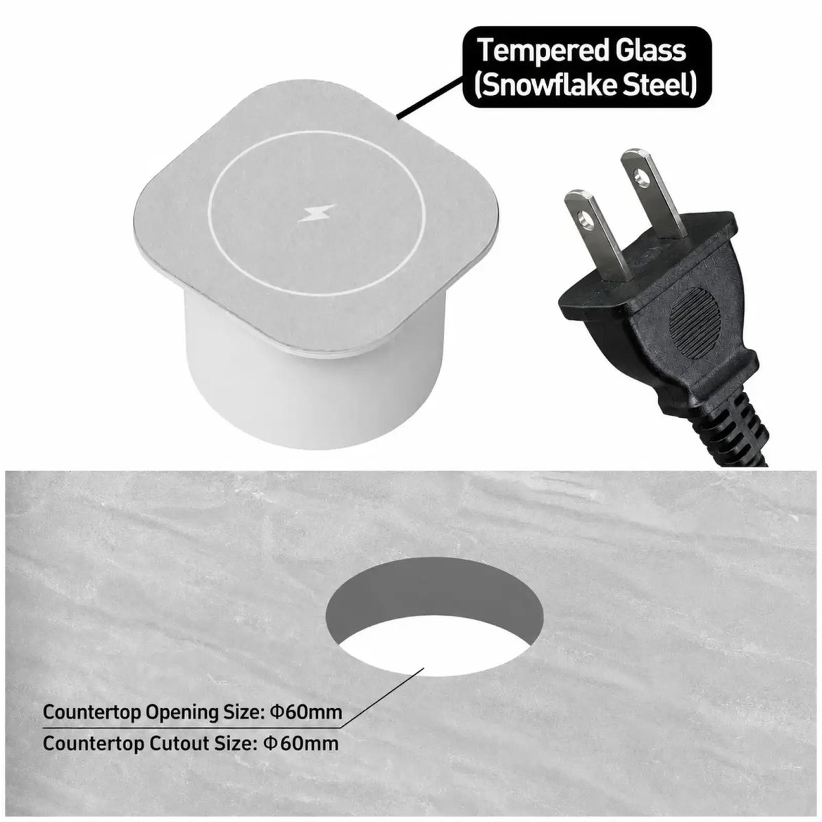 Embedded wireless desktop charger 15w with a sleek square tempered glass top in snowflake steel finish and lightning bolt symbol