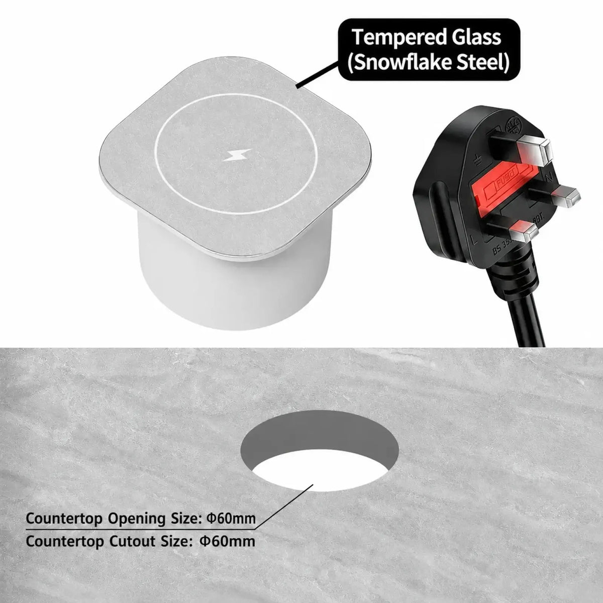 Embedded wireless desktop charger 15w silver tempered glass wireless charging pad with snowflake steel finish and circular lightning bolt design