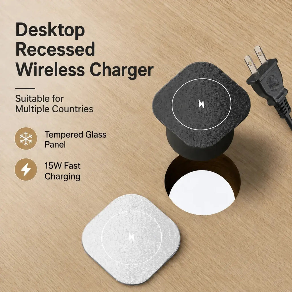 Embedded wireless desktop charger 15w in black and silver with tempered glass panel for recessed fast wireless charging