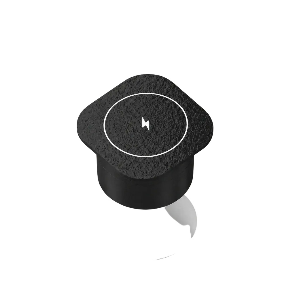 Black textured embedded wireless desktop charger with 15w high-efficiency charging and white lightning bolt symbol