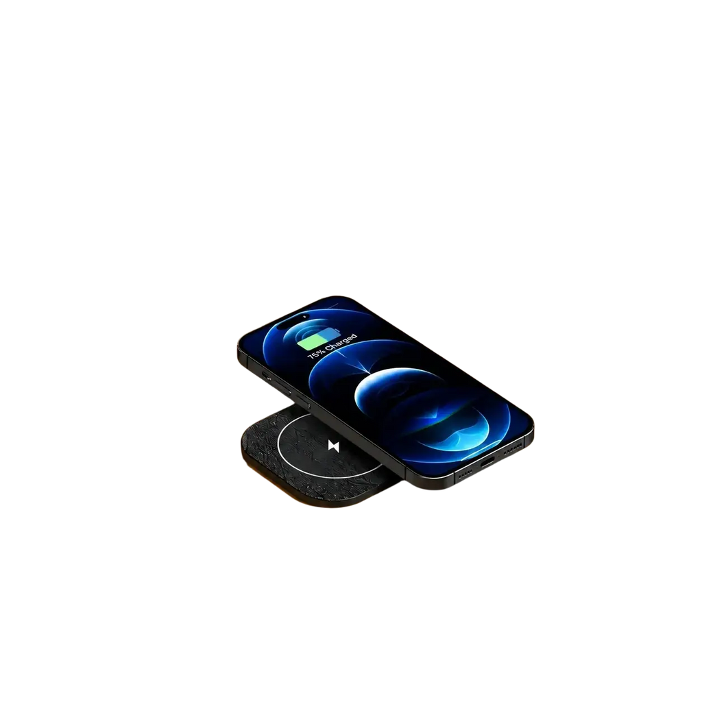 Black textured wireless charging pad with circular white indicator for embedded wireless desktop charger 15w