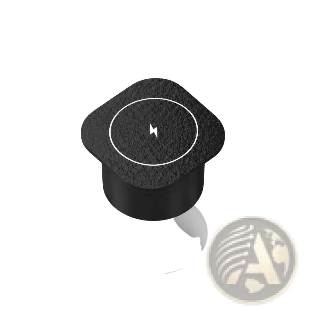Black textured embedded wireless desktop charger with 15w high-efficiency charging and white lightning bolt symbol