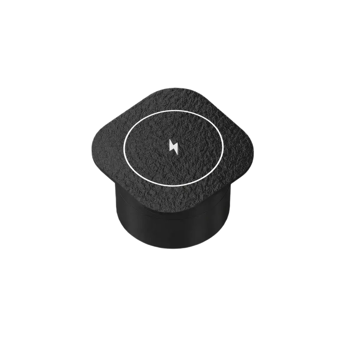 Black textured square embedded wireless desktop charger 15w with white circular lightning bolt symbol center