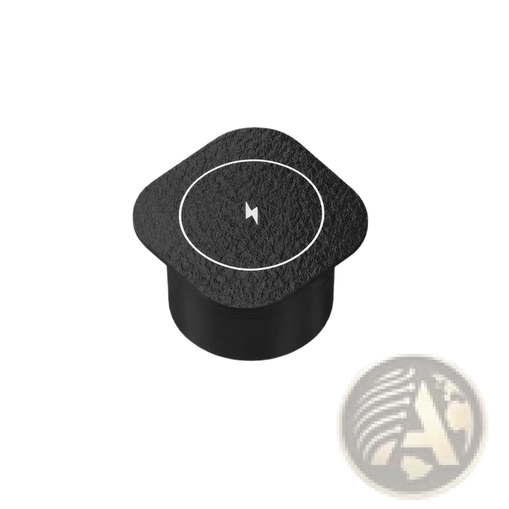 Black textured square embedded wireless desktop charger 15w with white circular lightning bolt symbol center