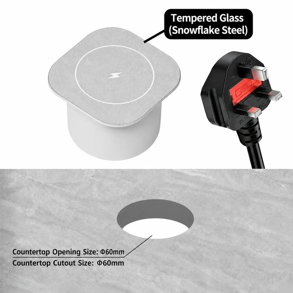 Embedded wireless desktop charger 15w silver tempered glass wireless charging pad with snowflake steel finish and circular lightning bolt design