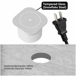 Silver tempered glass embedded wireless desktop charger 15w with snowflake steel finish and circular lightning bolt design