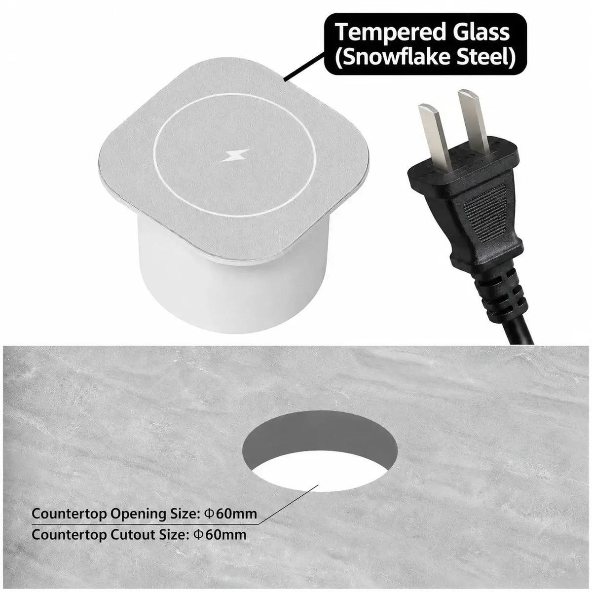 Silver tempered glass embedded wireless desktop charger 15w with snowflake steel finish and circular lightning bolt design
