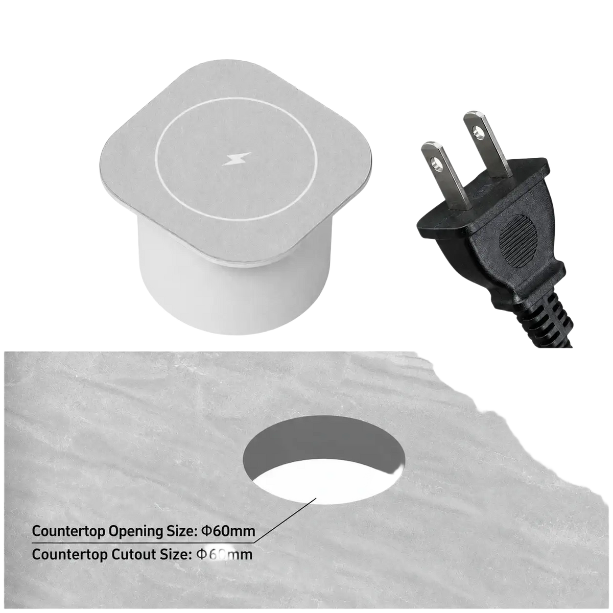Embedded wireless desktop charger 15w with a sleek square tempered glass top in snowflake steel finish and lightning bolt symbol