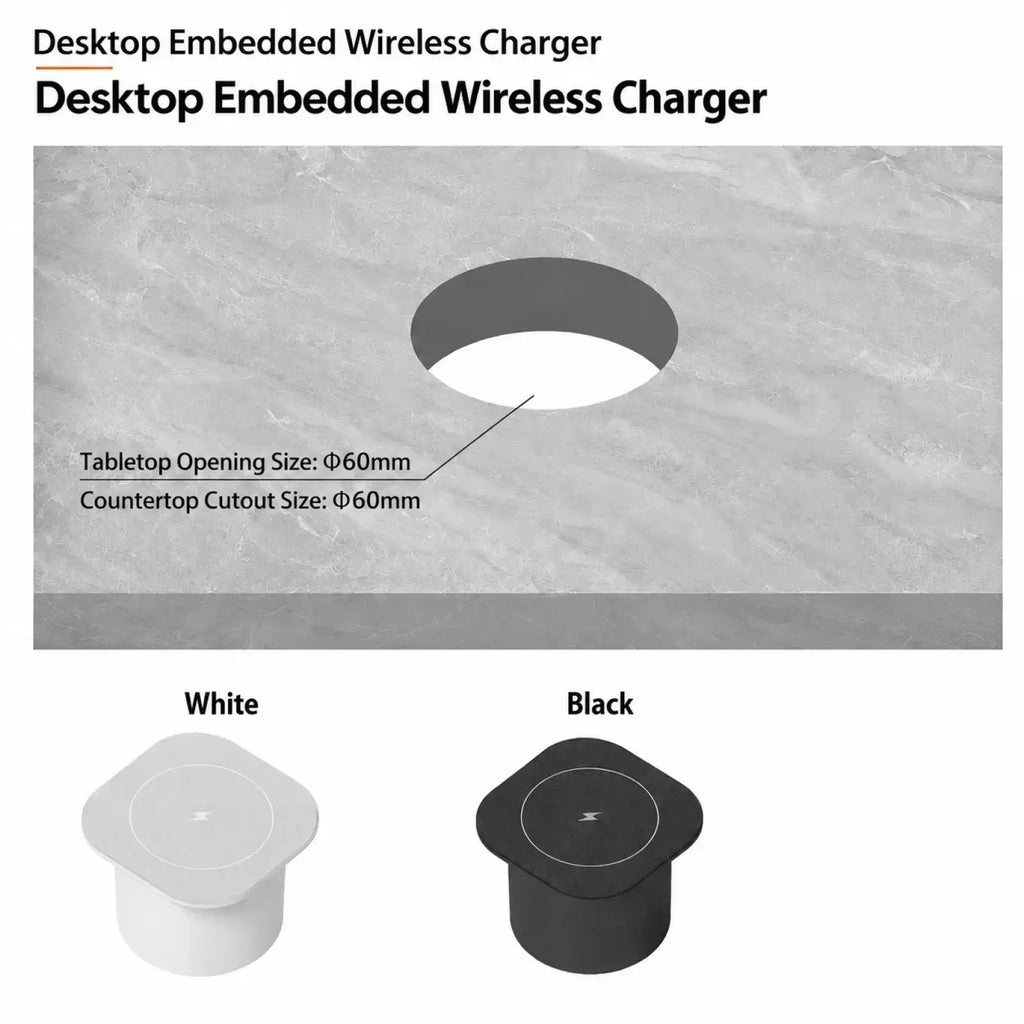 Embedded wireless desktop charger 15w in white or black with circular charging pad and rounded square base