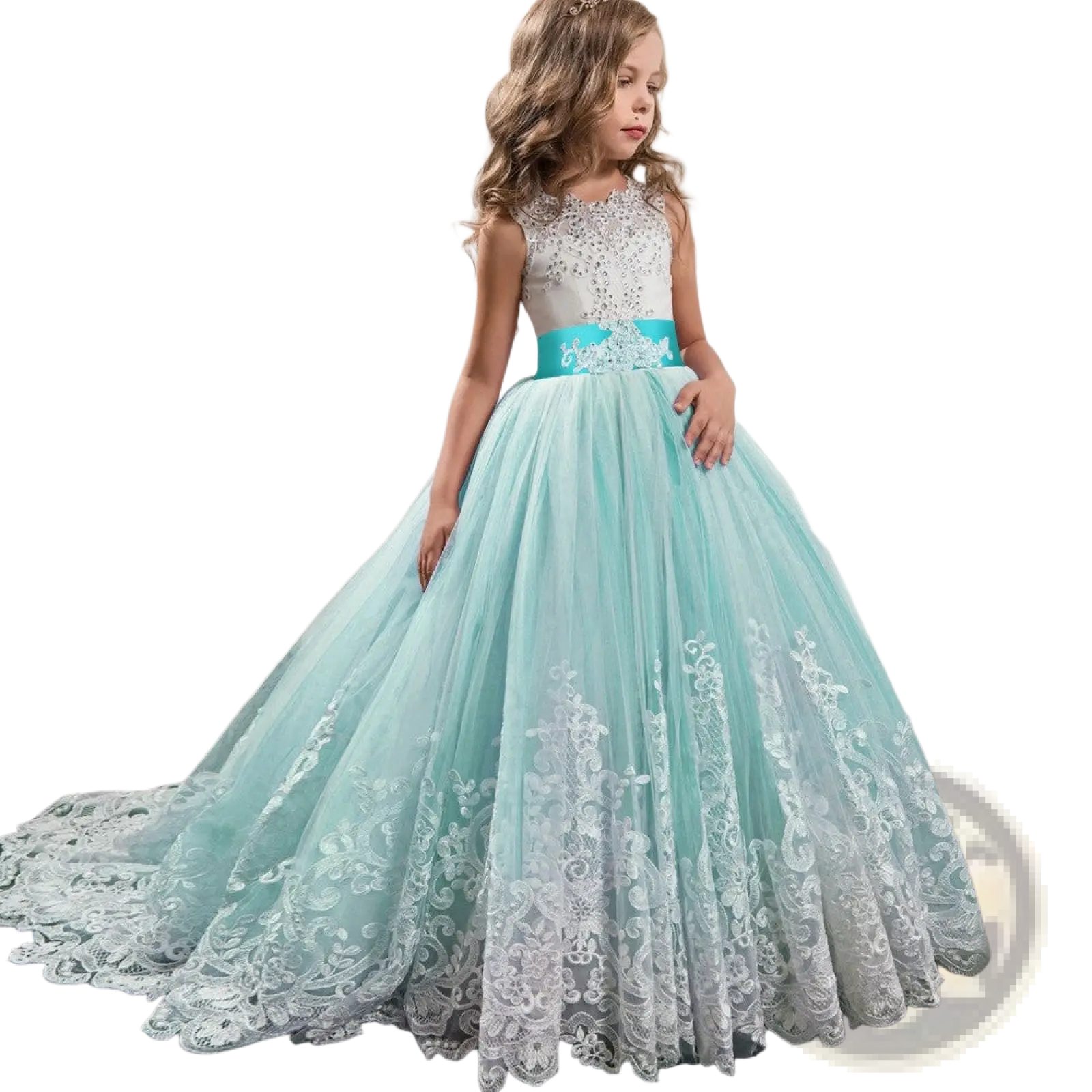 A young girl wears an embellished lace tulle flower girl princess gown in mint green and white with satin sash