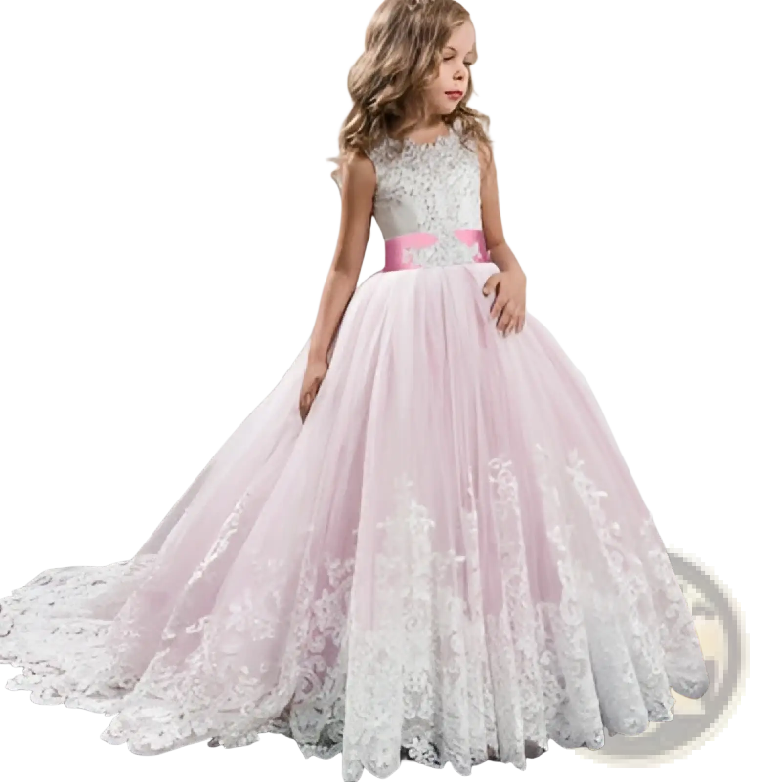 A young girl wears an embellished lace tulle flower girl princess gown in pink and white with floral embroidery