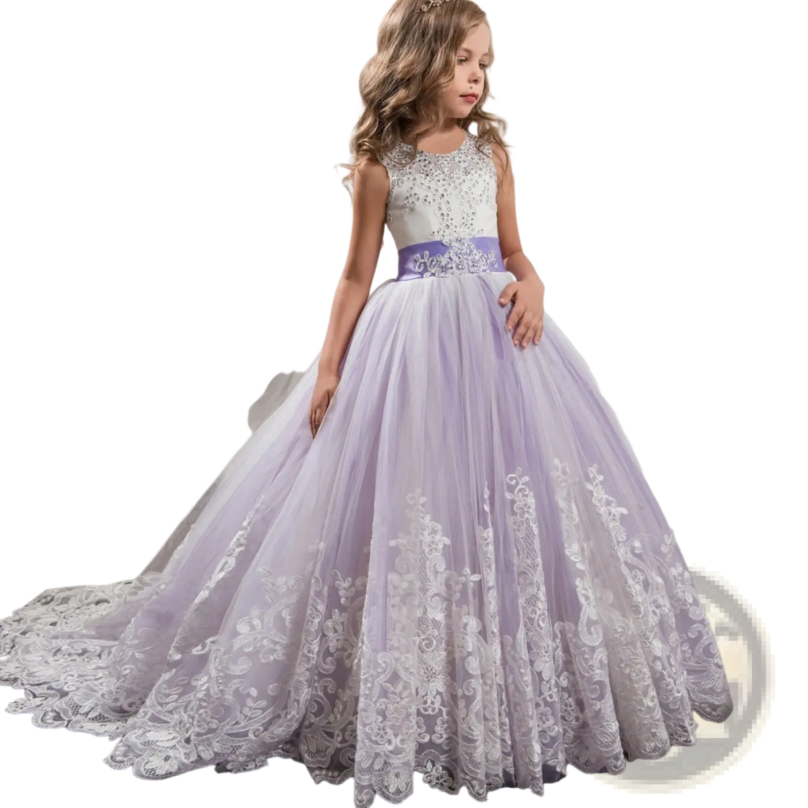 A young girl wears a lavender and white lace embellished tulle flower girl princess gown with satin sash