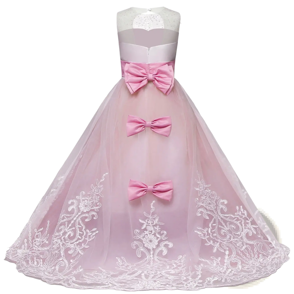 Embellished lace tulle flower girl princess gown in pink satin with white lace bodice and floral embroidered hem