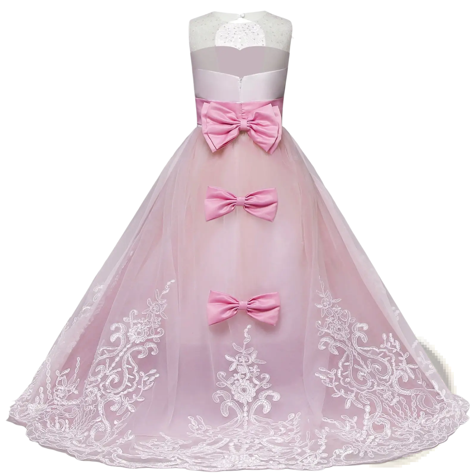 Embellished lace tulle flower girl princess gown in pink satin with white lace bodice and floral embroidered hem