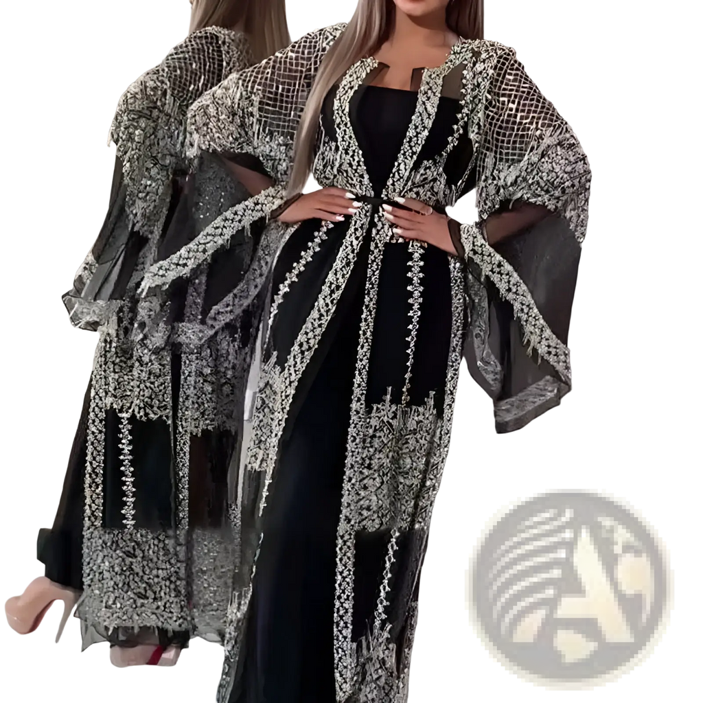Black and silver embellished sheer overlay abaya with intricate beaded detailing for elegant evening wear