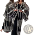 Black and silver embellished sheer overlay abaya with intricate beaded detailing for elegant evening wear