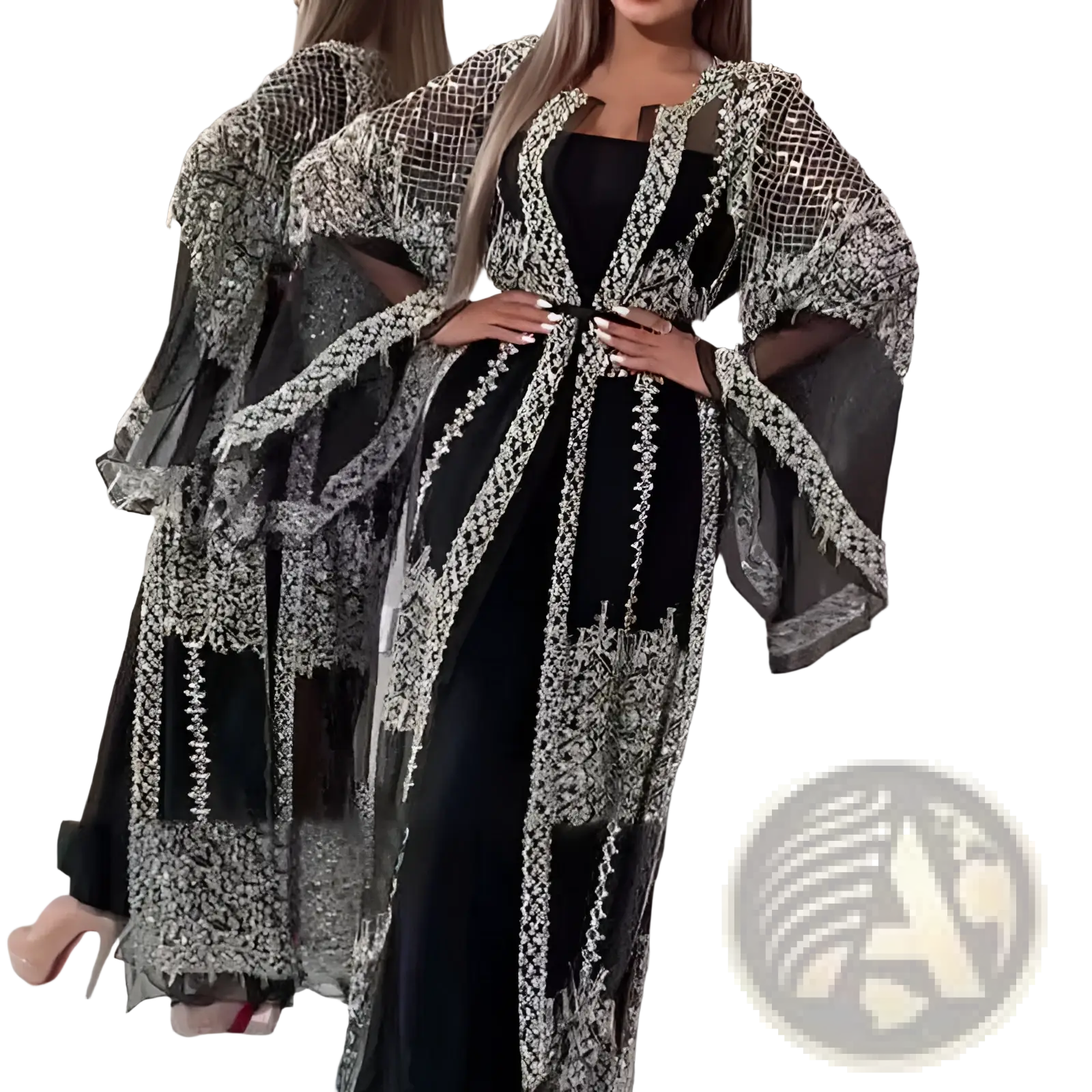 Black and silver embellished sheer overlay abaya with intricate beaded detailing for elegant evening wear