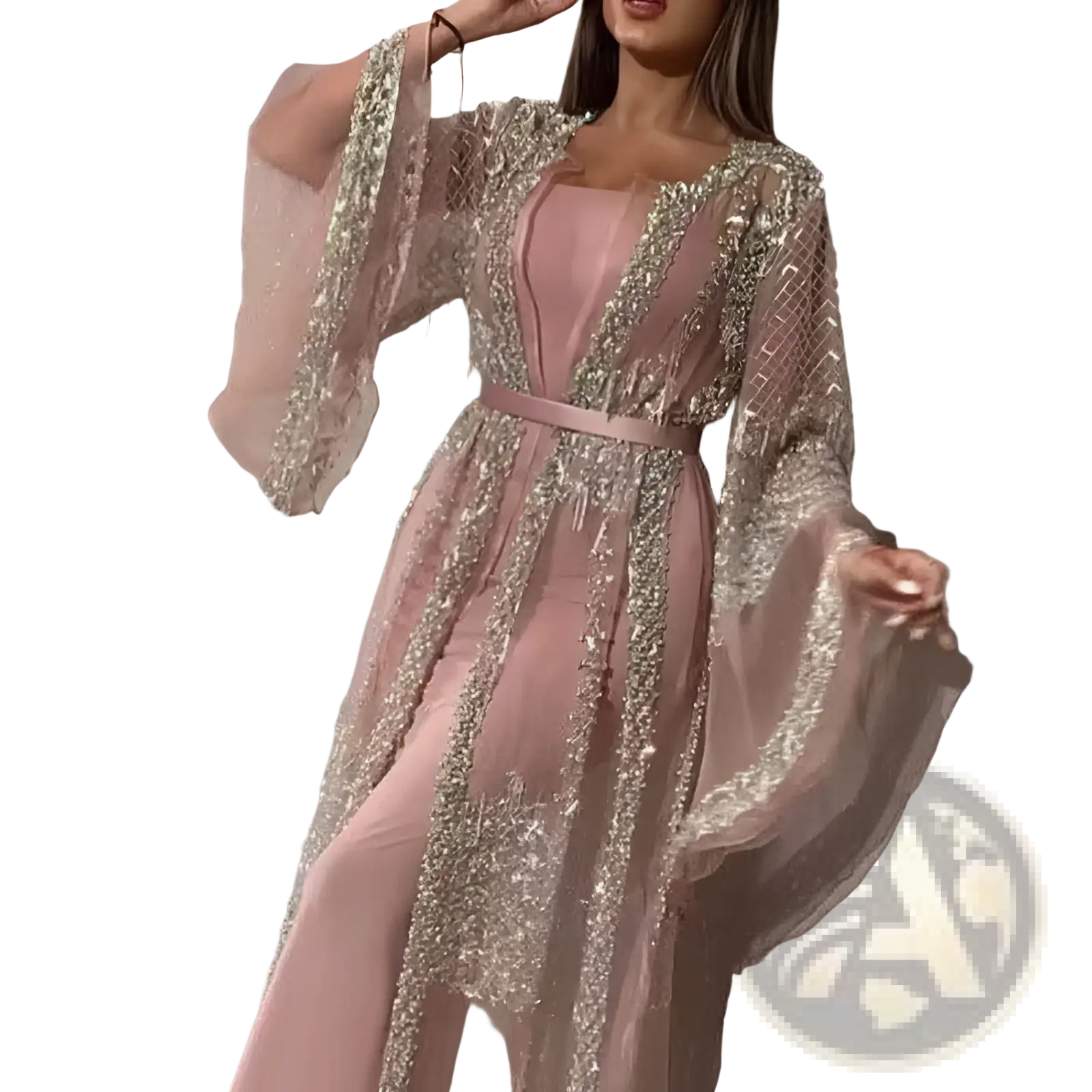 Embellished lace v neck Chinese retro evening gown in blush pink with sheer overlay silver beading and fringe detailing