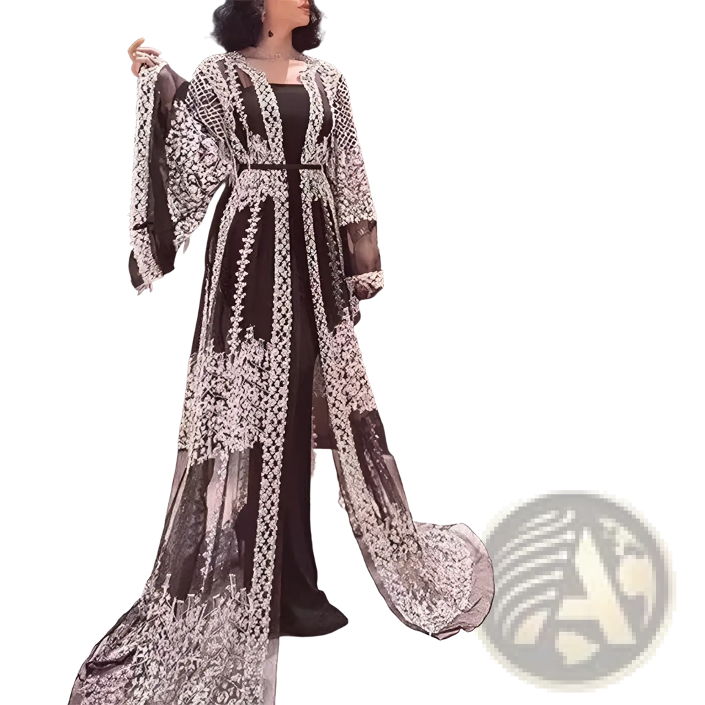 Black and silver embroidered sheer overlay embellished lace v neck Chinese retro evening gown with long sleeves