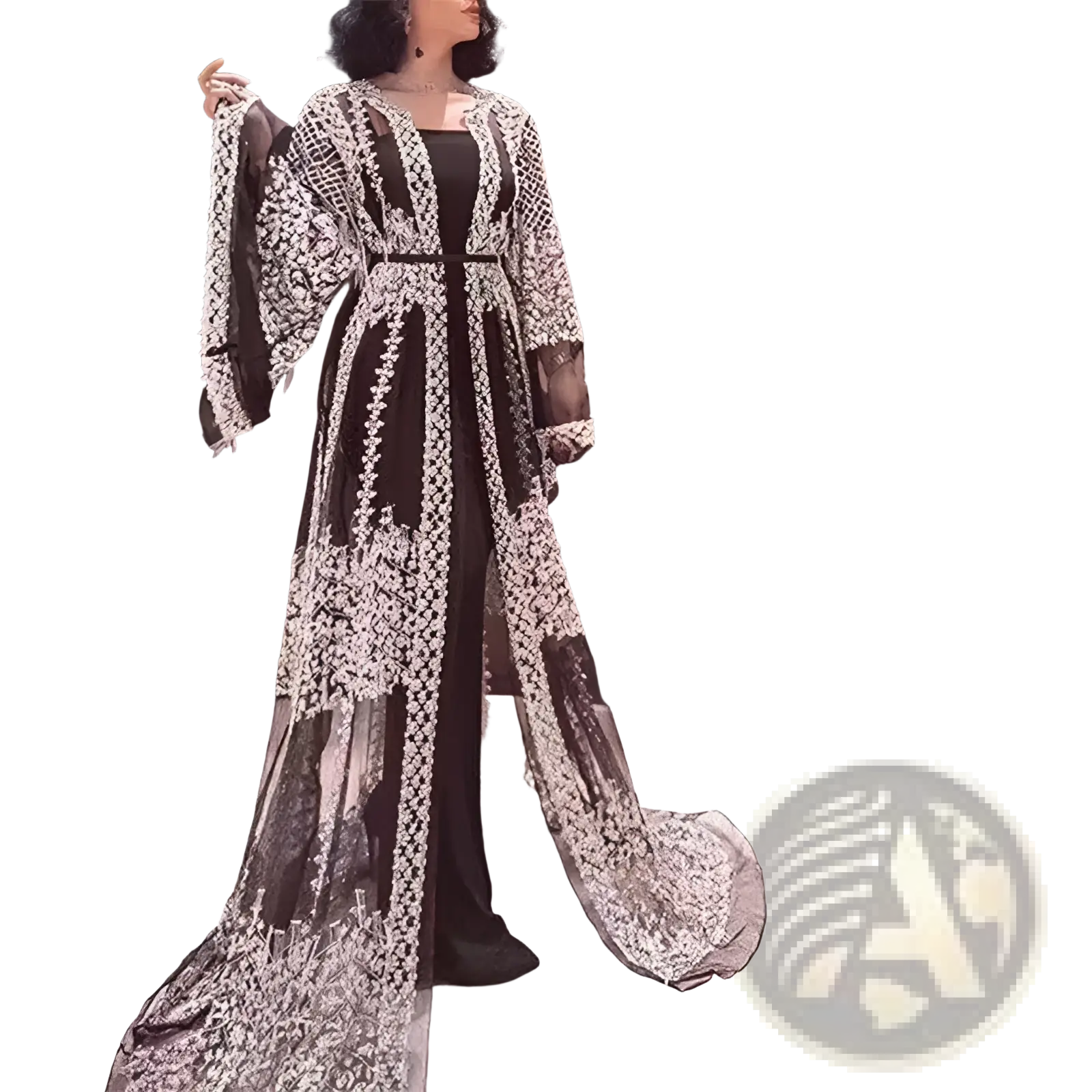Black and silver embroidered sheer overlay embellished lace v neck Chinese retro evening gown with long sleeves